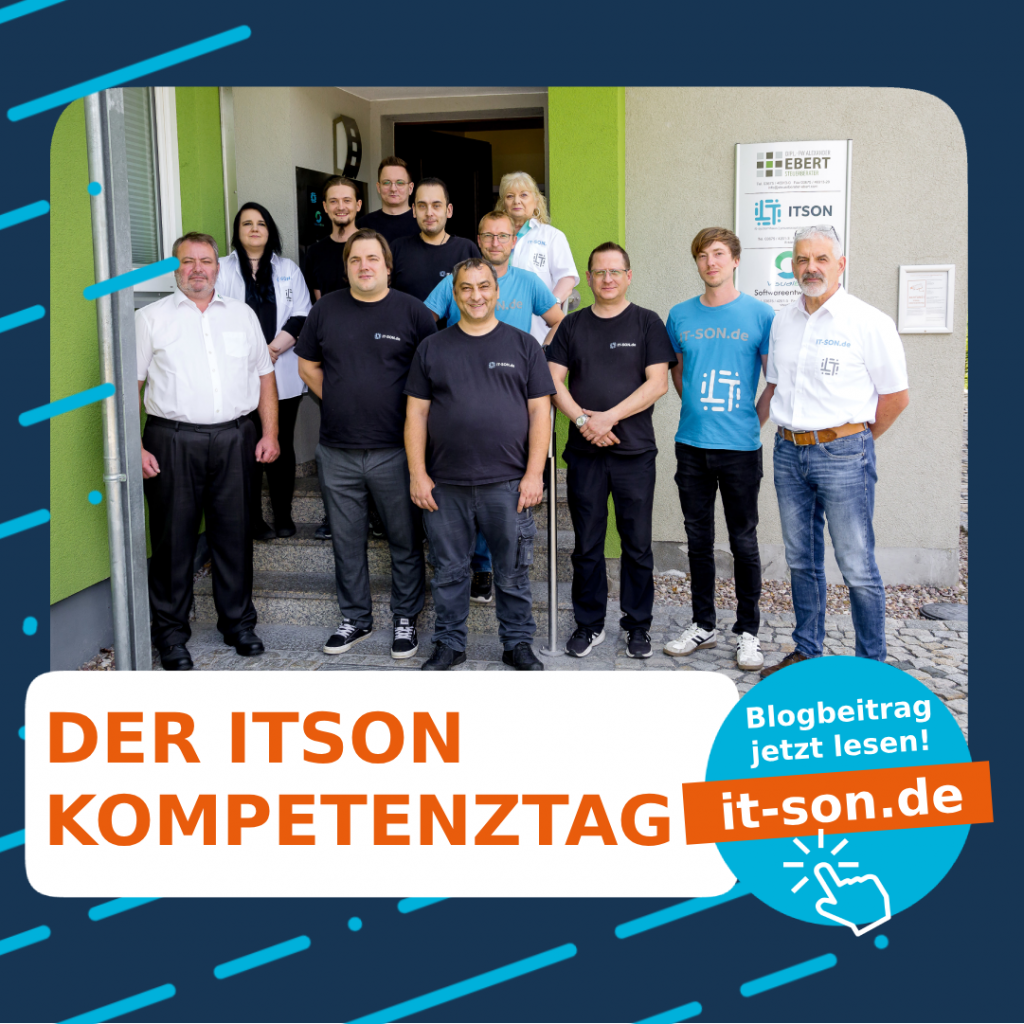 Team der ITSON GmbH steht gemeinsam vor dem Firmengebäude; Thumbnail zum IT & Digitalisierung Kompetenztag 2026 mit dem Schriftzug „Der ITSON Kompetenztag“ und Hinweis auf den Blogbeitrag auf it-son.de.