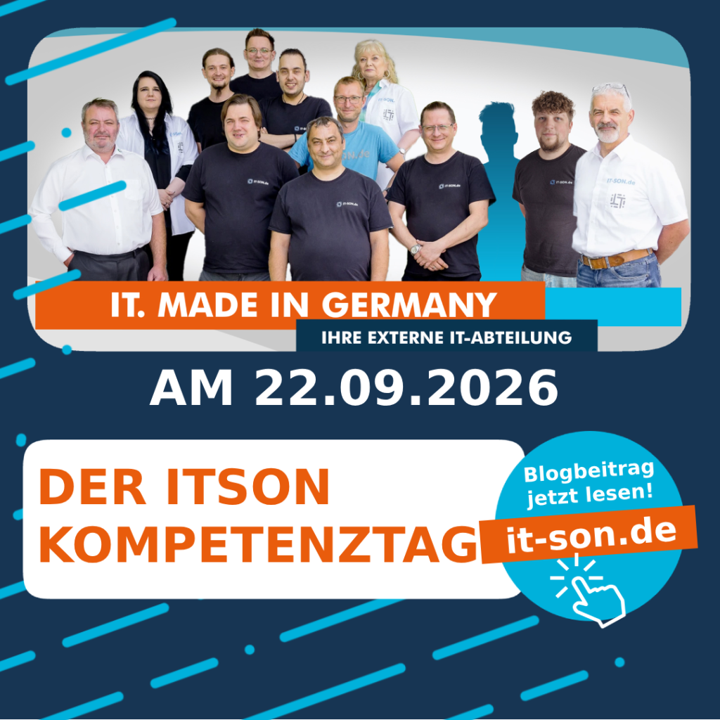 Team der ITSON GmbH steht gemeinsam vor dem Firmengebäude; Thumbnail zum IT & Digitalisierung Kompetenztag 2026 mit dem Schriftzug „Der ITSON Kompetenztag“ und Hinweis auf den Blogbeitrag auf it-son.de.